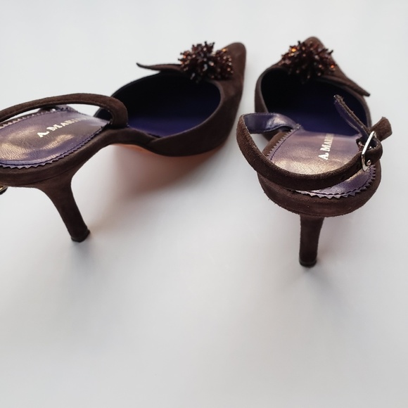 A. Marinelli Brown Suede Swarovski Crystal Flower Slingback Heels Size 6 - Picture 7 of 7